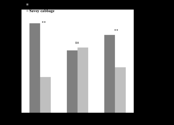 Figure 2: Bioaccessibility percentage of ?-carotene, lutein and total carotenoids in broccoli and Savoy cabbage. (**) means significantly differences among the values (p<0.01); (ns) means not significantly differences among the values (p<0.01) The percentage of bioaccessibility of ?-carotene and total carotenoids was higher in broccoli than in Savoy cabbage (Figure 2), being significantly different and presenting similar values to those found by other authors for different matrices (O'Connell et al., 2007; O'Sullivan et al., 2010).As can be seen in Figure2, the bioaccessibility percentage of the carotenoid compounds studied is low, not more than 6%. This may be due to the fact that, although most of these pigments are stable at extreme heat and pH in the intact tissues of plants, when extracted in isolation they oxidize rapidly due to the addition of oxygen over the double bonds (Meléndez-Martínez et al., 2004). This could explain the critical loss of these compounds during in vitro digestion.Studies carried out by other authors show the high variability in the absorption of different carotenoids and the significant differences in the bioavailability of these between fruits and vegetables. In general, the percentage of bioavailability is higher in fruit, i.e., fruit carotenoids are potentially more available for absorption by gastrointestinal cells (O'Connell et al., 2007). Among the main factors affecting the bioavailability of carotenoids are food matrix, fat, fiber, polarity, and interactions between them(Yeum and Russell, 2002;    
