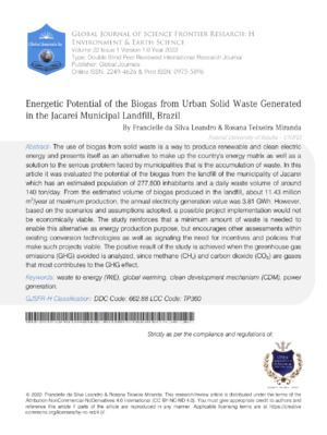 Energetic Potential of the Biogas from Urban Solid Waste Generated in the Jacareí Municipal landfill, Brazil