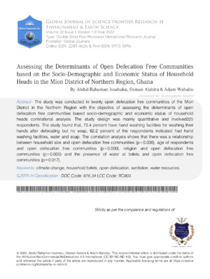 Assessing the Determinants of Open Defecation Free Communities Based on the Socio-demographic and Economic Status of Household Heads in the Mion District of Northern Region, Ghana
