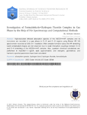 Investigation of Formaldehyde+Hydrogen Fluoride Complex in Gas Phase by the Help of Ftir Spectroscopy and Computational Methods