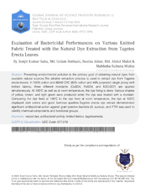 Evaluation of Bactericidal Performances on Various Knitted Fabric Treated with the Natural Dye Extraction from Tagetes Erecta Leaves