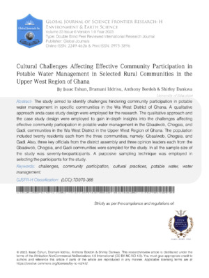 Cultural Challenges Affecting Effective Community Participation in Potable Water Management in Selected Rural Communities in the Upper West Region of Ghana