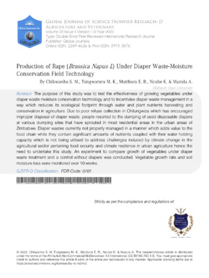Production of Rape (Brassica Napus L) Under Diaper Waste-Moisture Conservation Field Technology