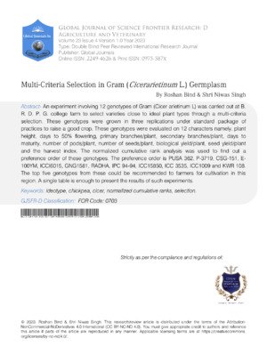 Multi-Criteria Selection in Gram (Cicer arietinum L.) Germplasm