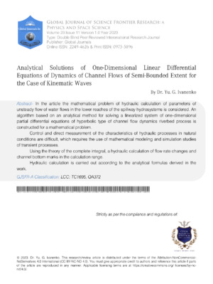 Analytical Solutions of One-Dimensional Linear Differential Equations of Dynamics of Channel Flows of Semi-Bounded Extent for the Case of Kinematic Waves