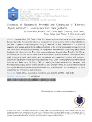 Screening of Therapeutic Potential and Compounds of Endemic Nepeta pilinux P.H. Davis in Kew Bull. from Şanlıurfa