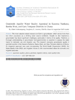 Granitoids Aquifer Water Quality Appraisal in Kassena Nankana, Bawku West, and Garu Tempane Districts in Ghana