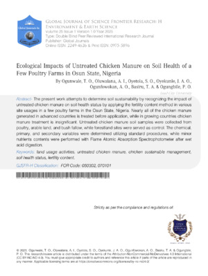 Ecological Impacts of Untreated Chicken Manure on Soil Health of a Few Poultry Farms in Osun State, Nigeria